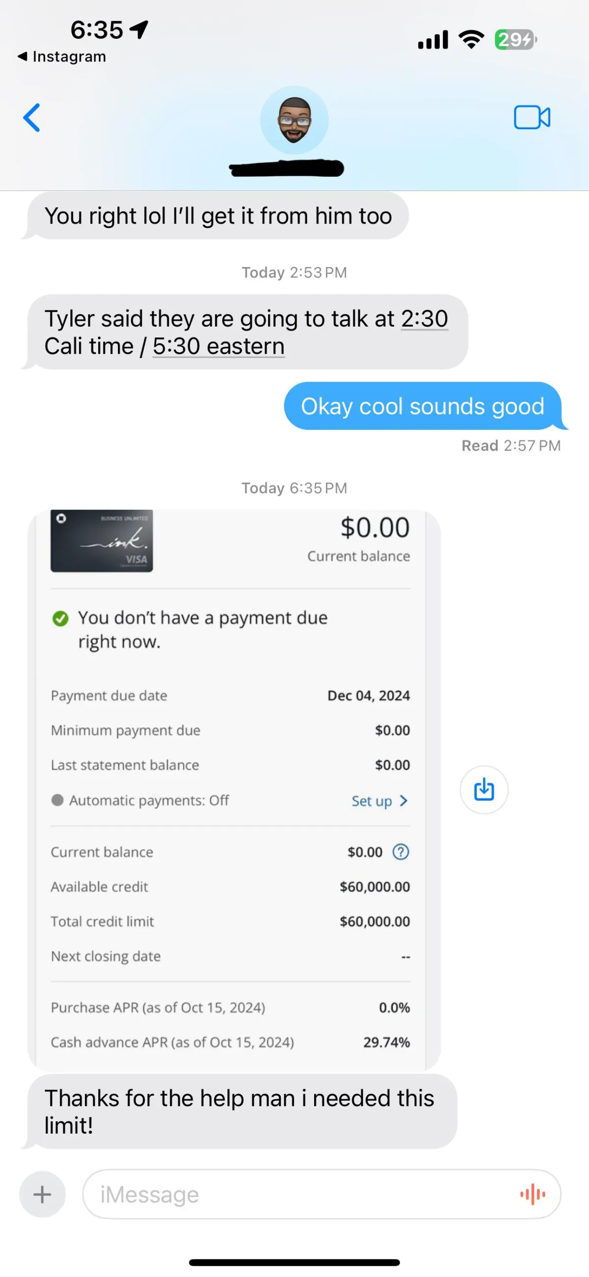 Screenshot of a credit account with a $60,000 credit limit
