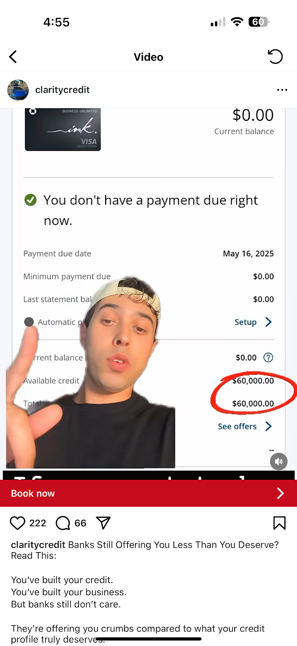 Screenshot of a credit account with a $60,000 credit limit