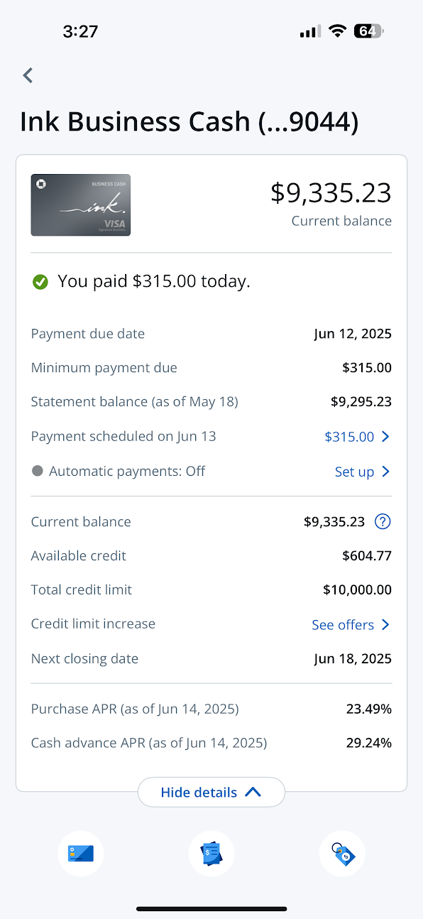 Screenshot of a credit account with a $9,335 balance