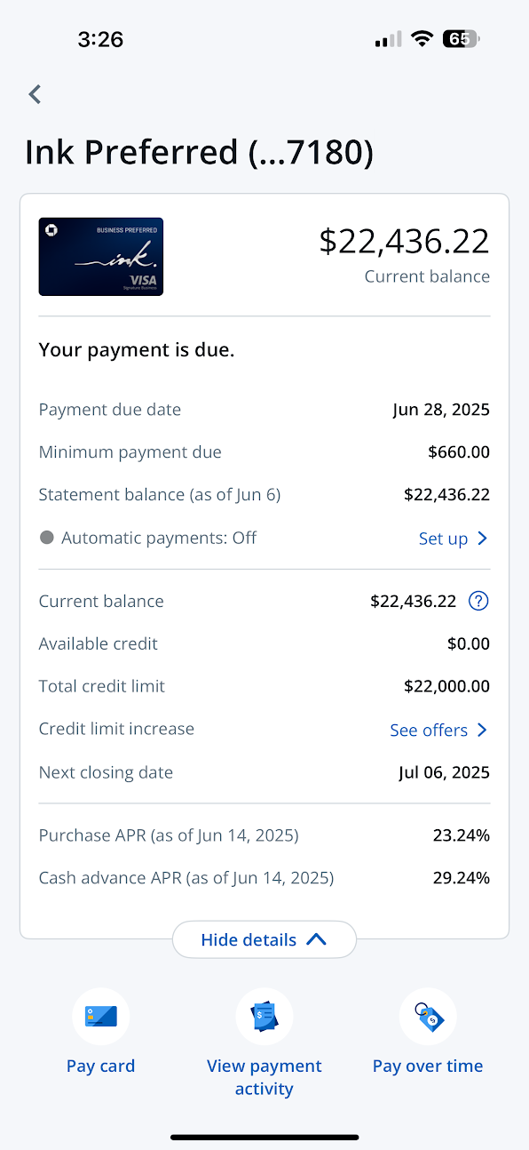 Screenshot of a credit account with a $22,436 balance